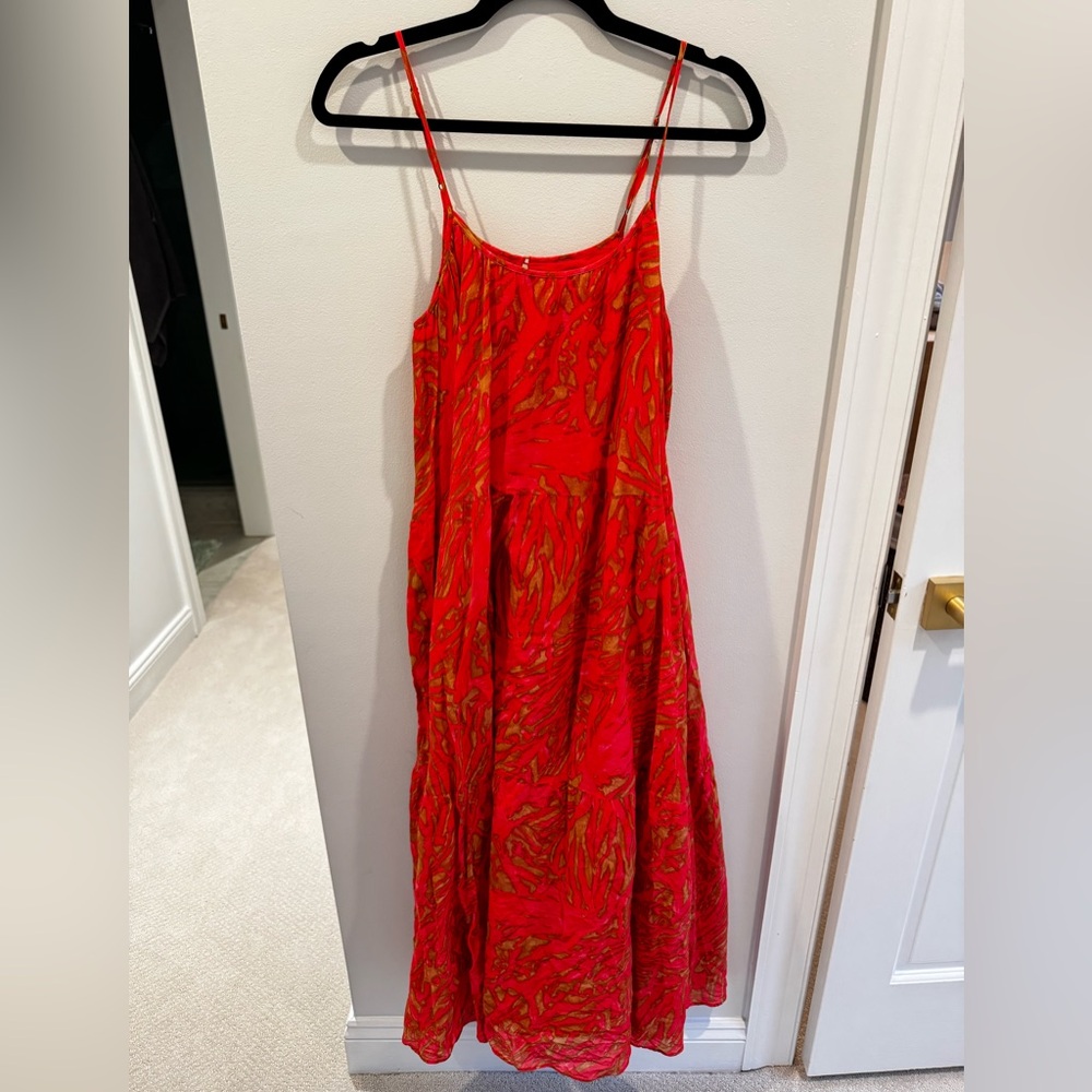 Joie Red Coral-Printed Spaghetti Strap Scoop Neck Maxi Dress